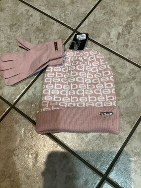 bebe Pink Knit Beanie with Metal Logo Plaque